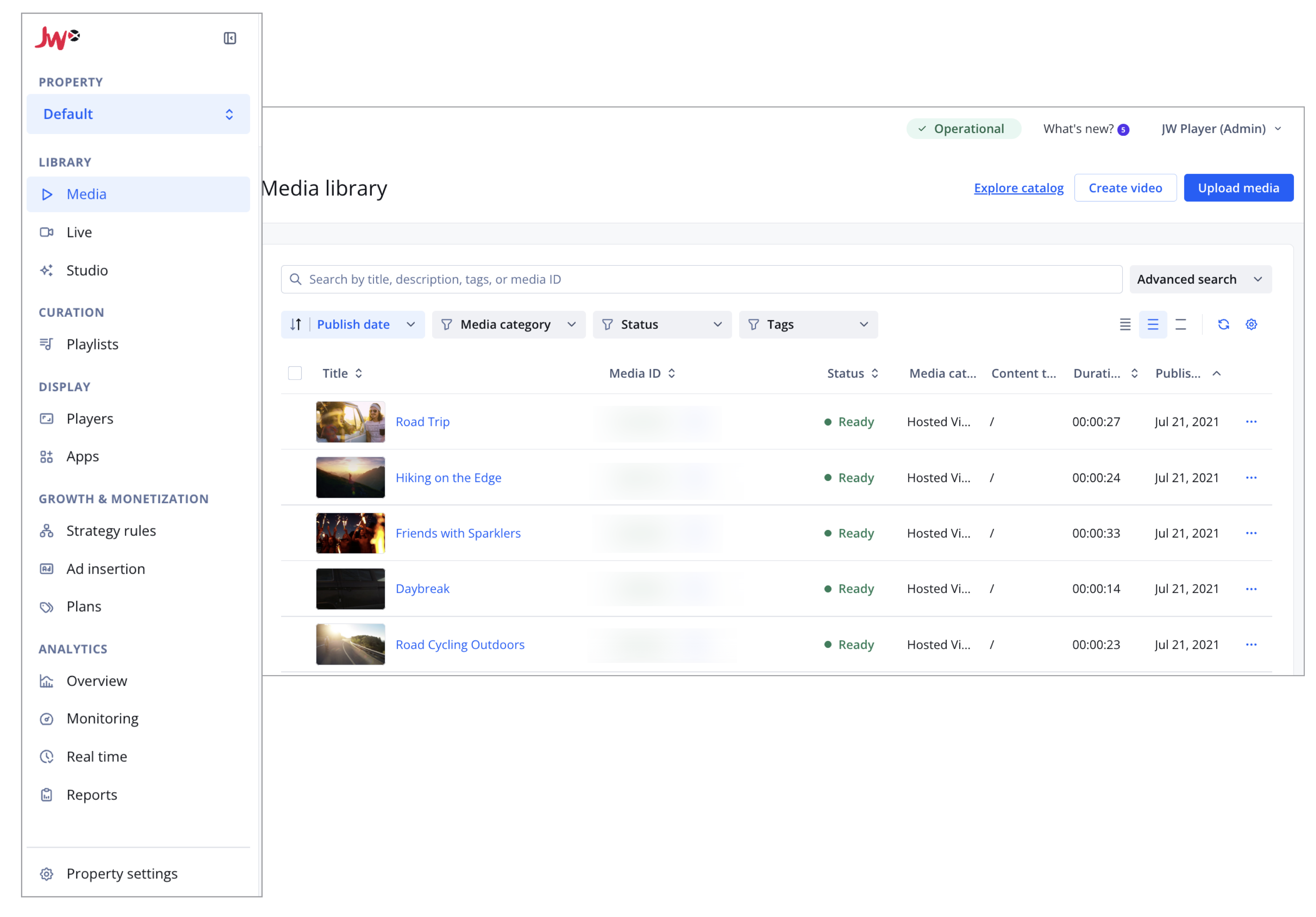Left navigation of the JWP dashboard