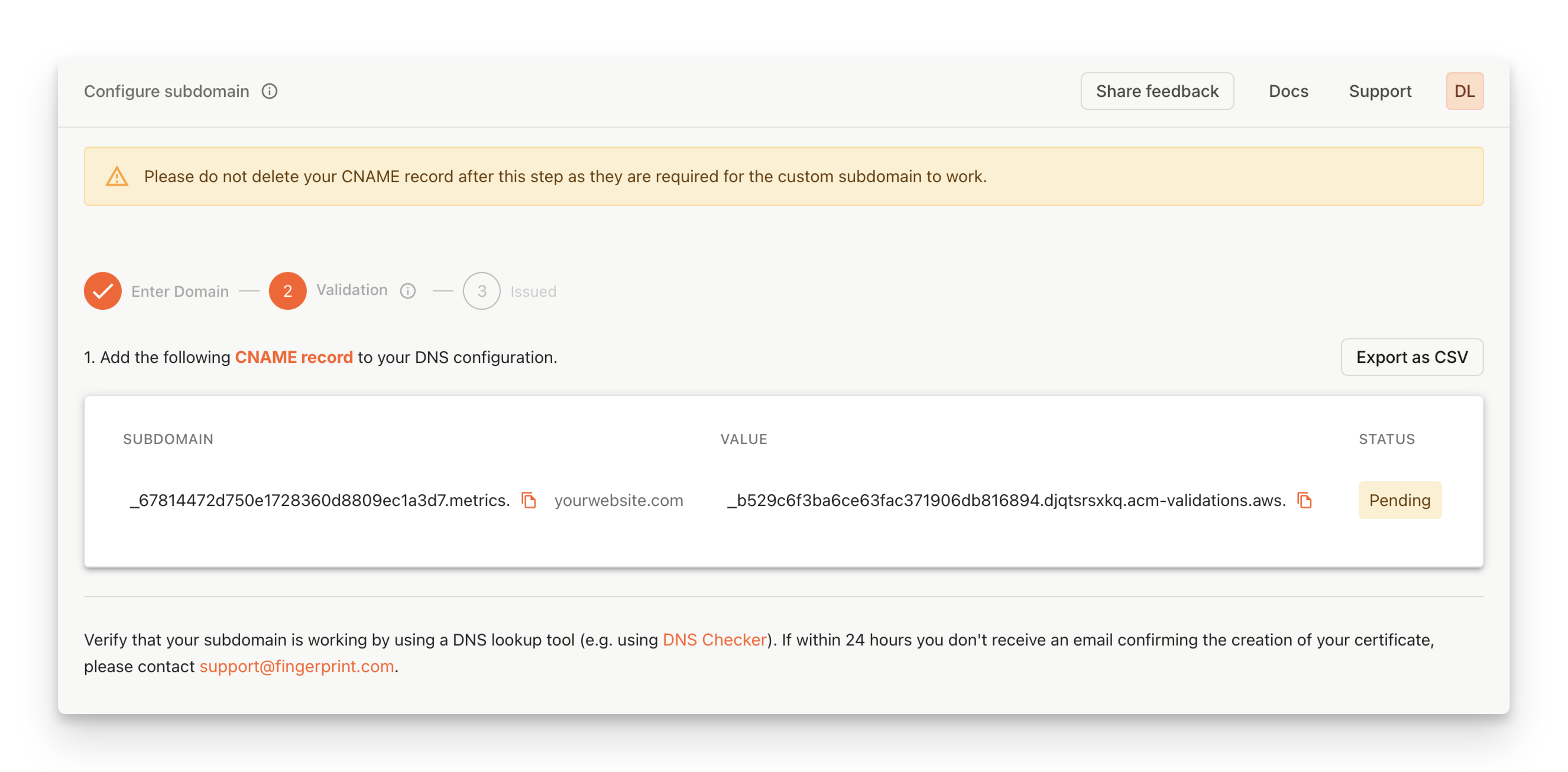 Screenshot of CNAME record in the Fingerprint dashboard