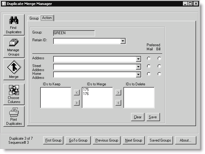 From Customers, select Manage duplicates, click Manage Groups, and select the Action tab