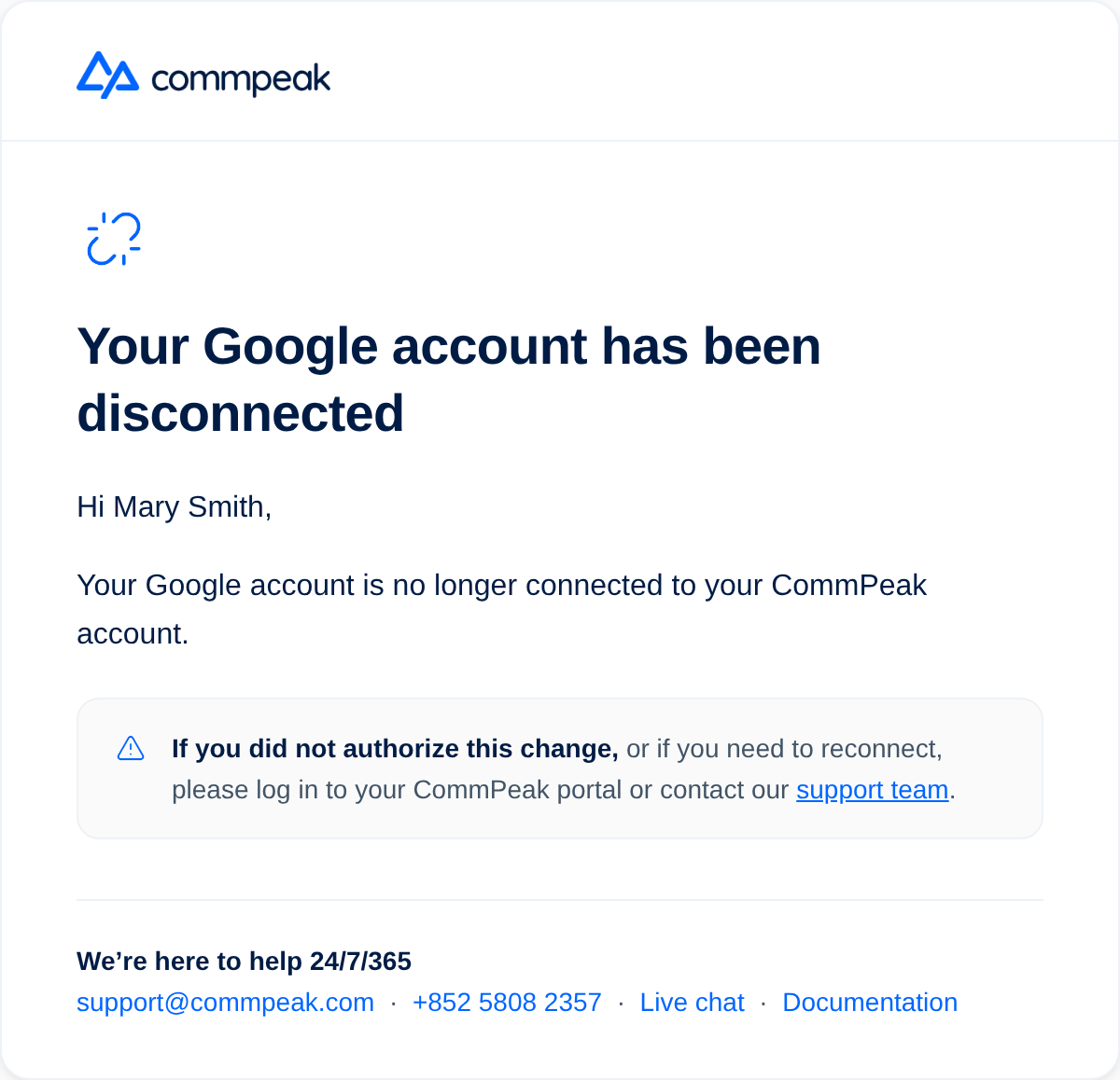 Screenshot of the Google account has been disconnected email