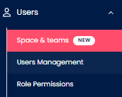 Screenshot of the TextPeak side menu fragment with 'Users > Space & teams' tab highlighted.