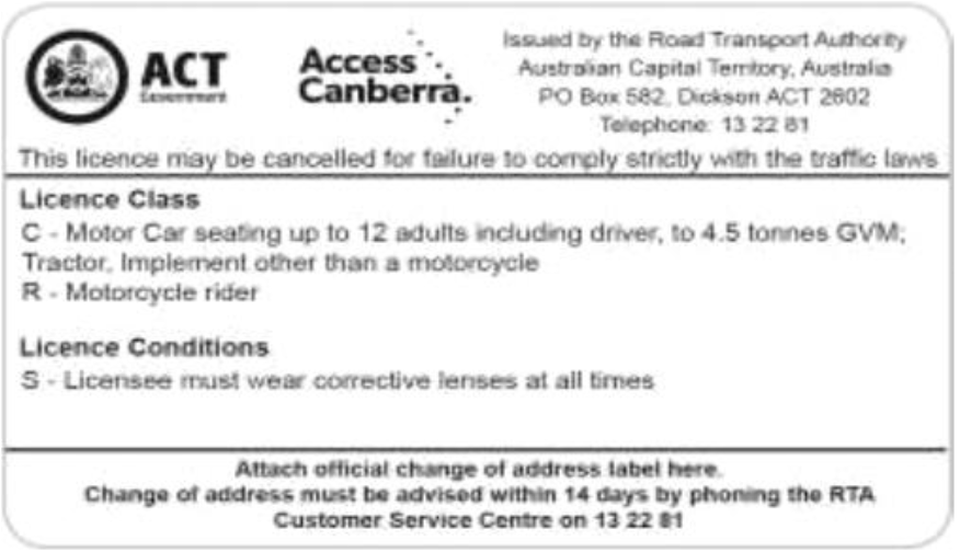 Australian Capital Territory Driver Licence sample - back
