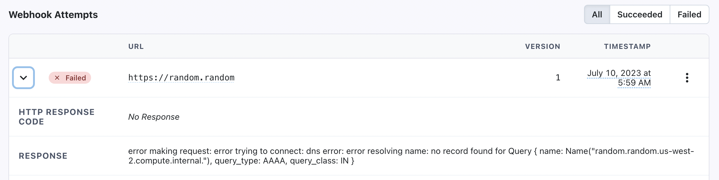 Example of a Failed Webhook Attempt's Response