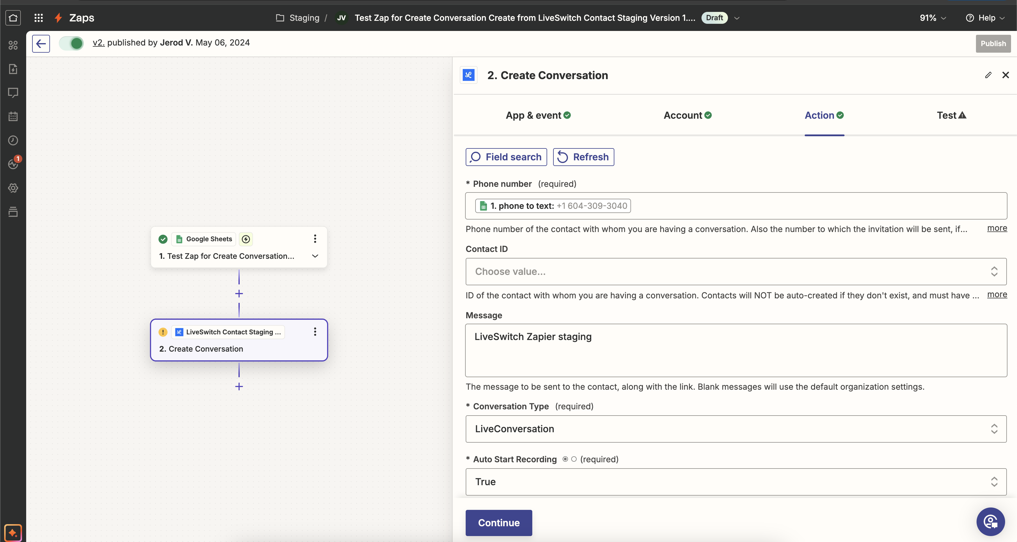 LiveSwitch Contact "Create Conversation" Action Setup