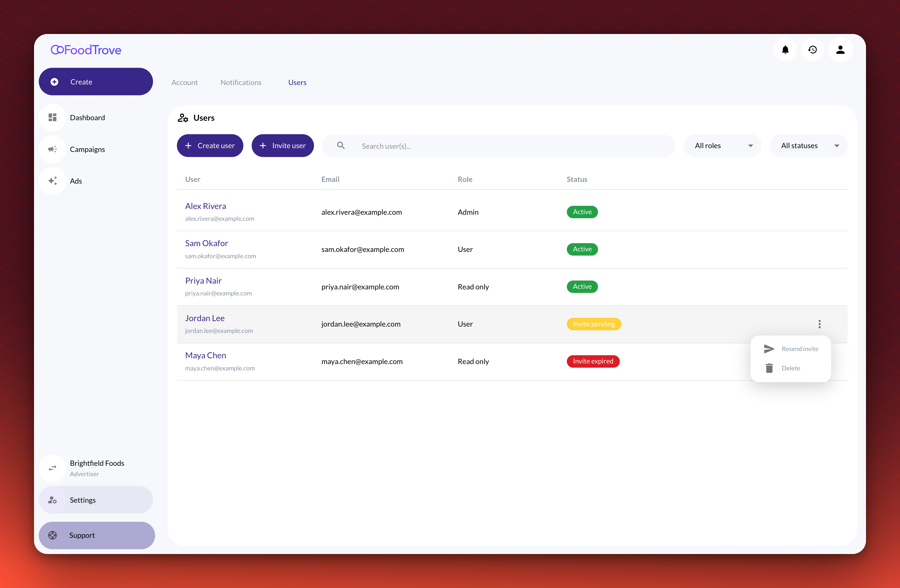 The more actions menu on a user with a pending invitation, over the Users tab, showing Resend invite and Delete.