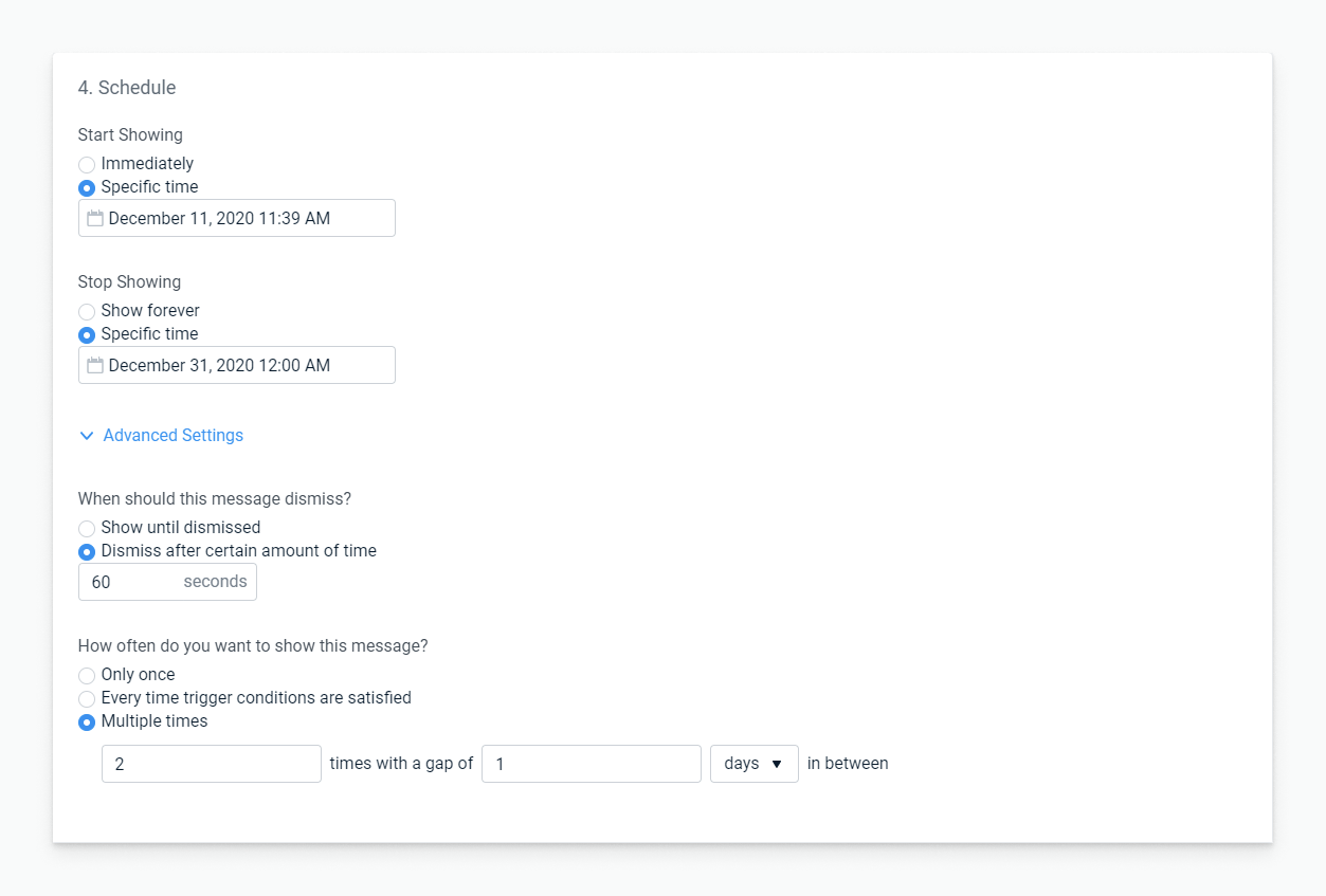 Scheduling.png Image showing the ability to schedule an In-App Message