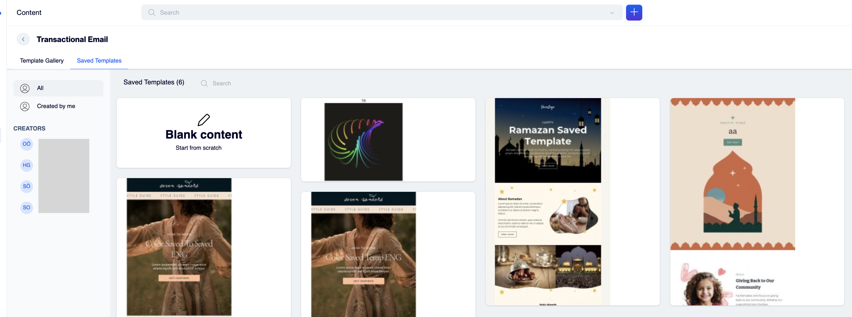 Dengage Saved Templates tab showing the All and Created by me filters, a Creators list with user names, the Blank content card and saved template thumbnails
