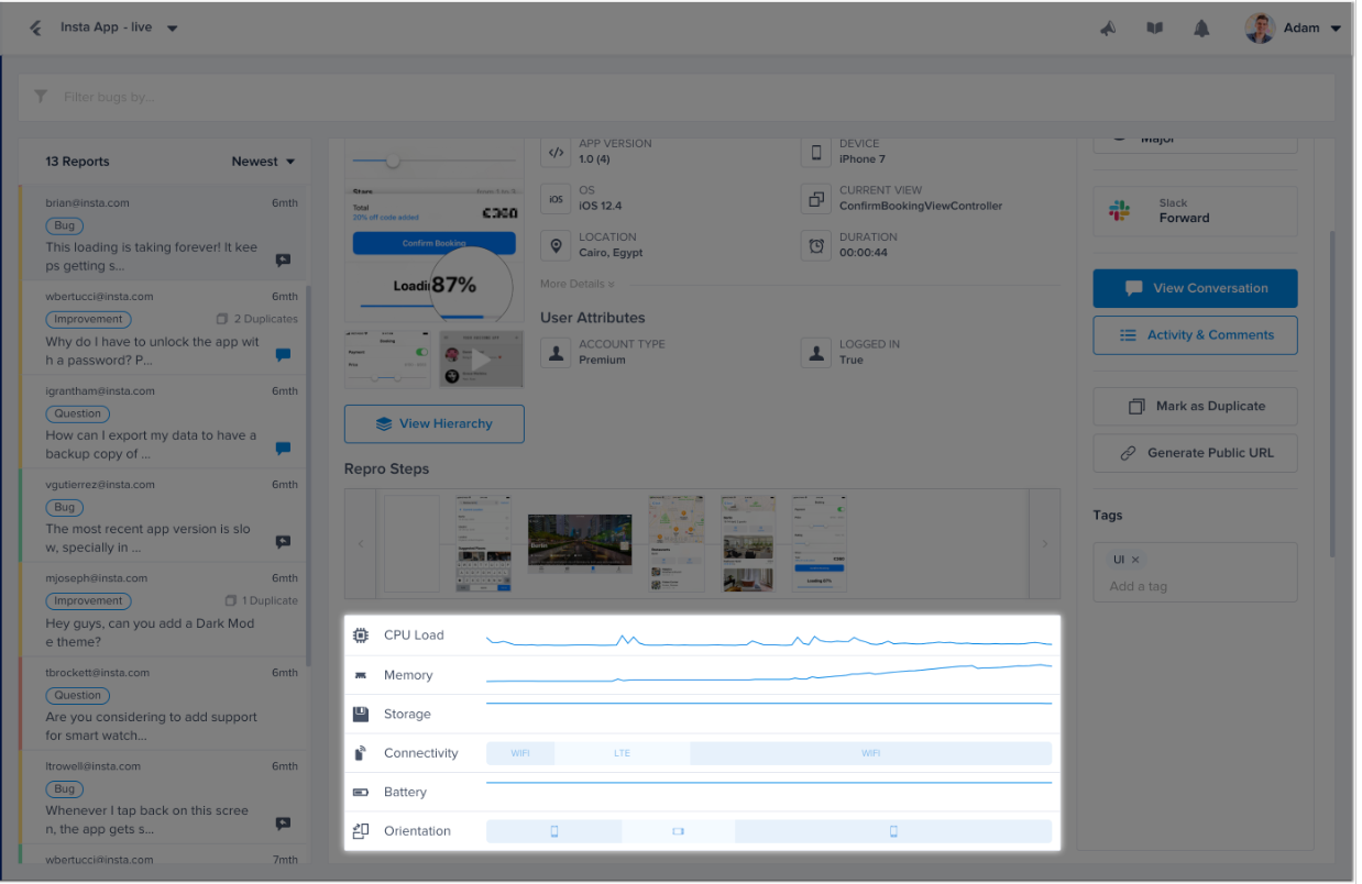 The Session Profiler is located below the Bug Details in each report from the bugs page of your dashboard