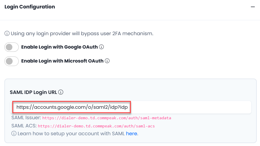 Screenshot of Login Configuration with SAML URL highlighted