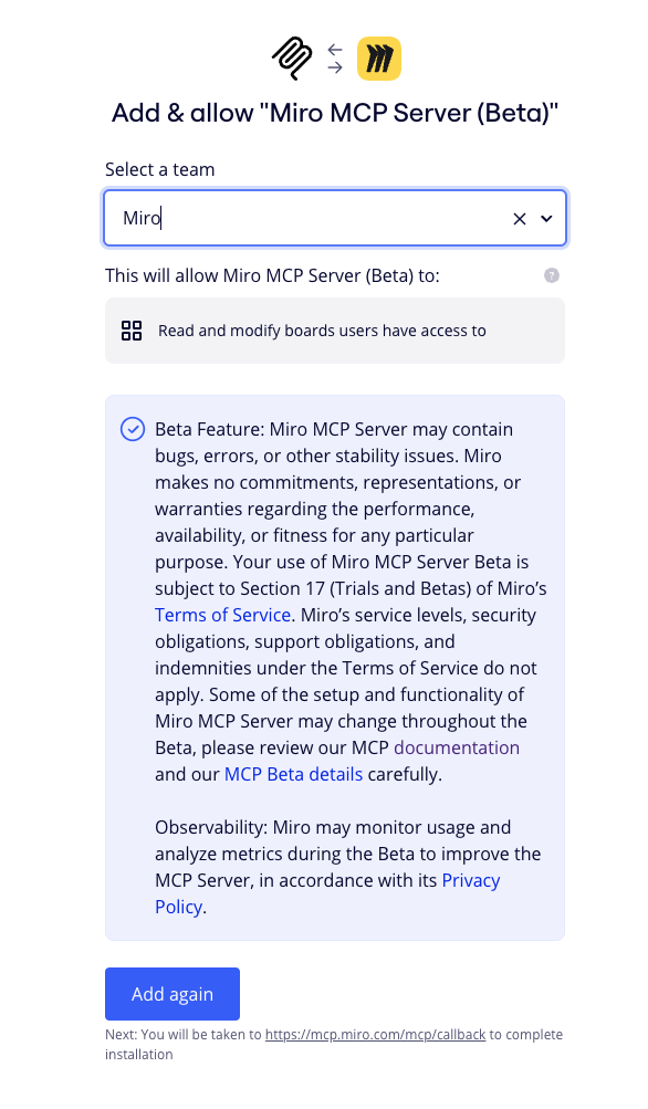 Select team to install Miro MCP into.