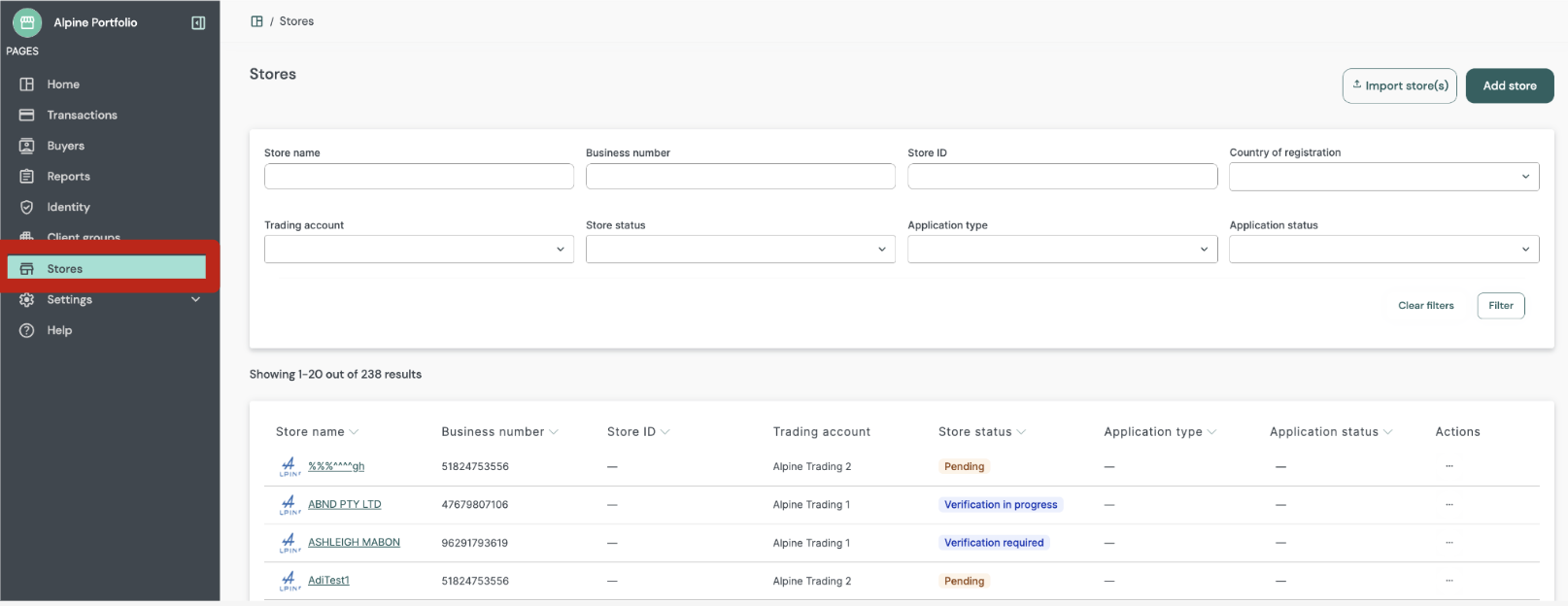 Store listing (Portfolio / Account Group view)