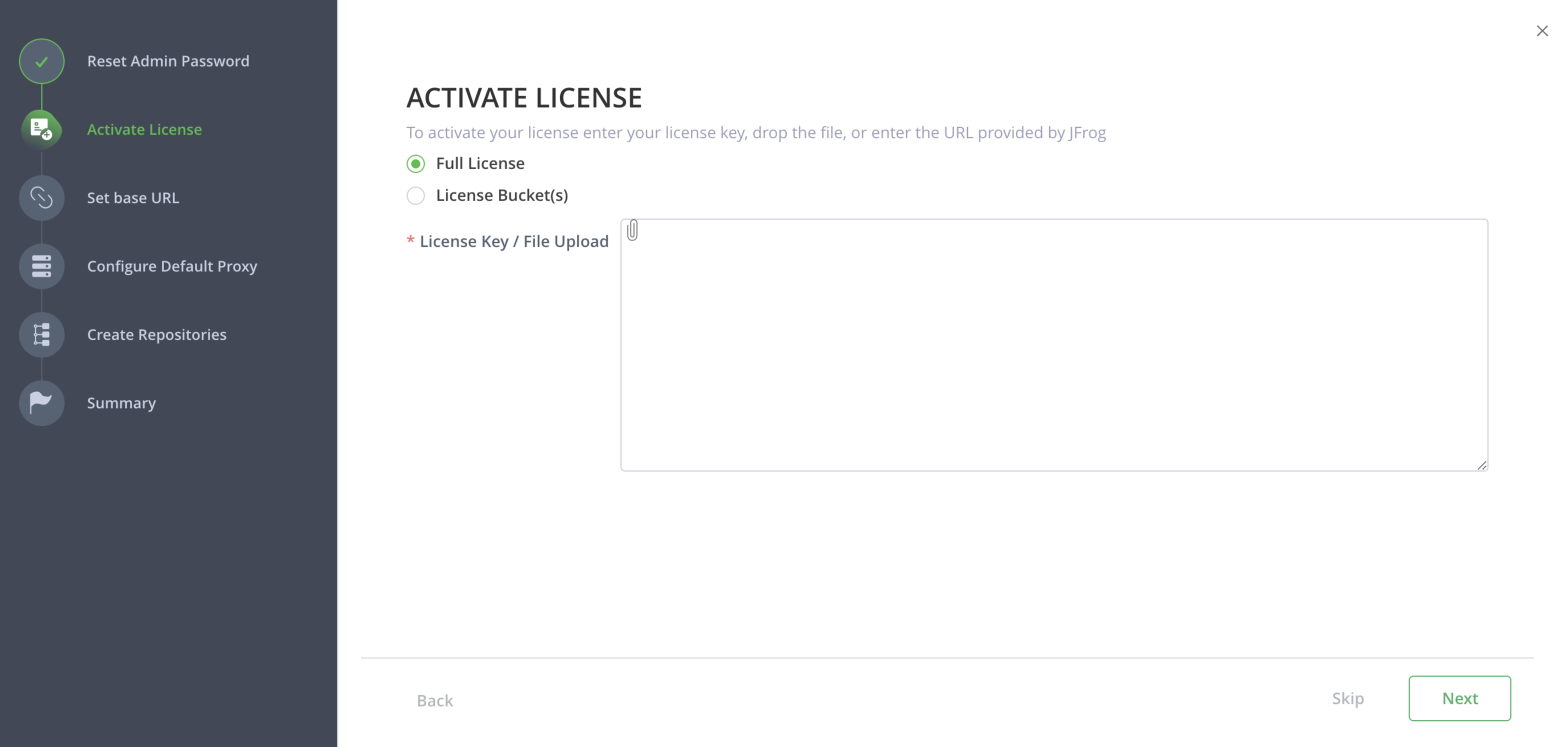 Onboarding wizard license activation screen with Full License option selected and license key field
