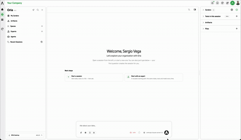 Screenshot: ORIA Reasoner in action — user asks a question and Oria builds a dashboard