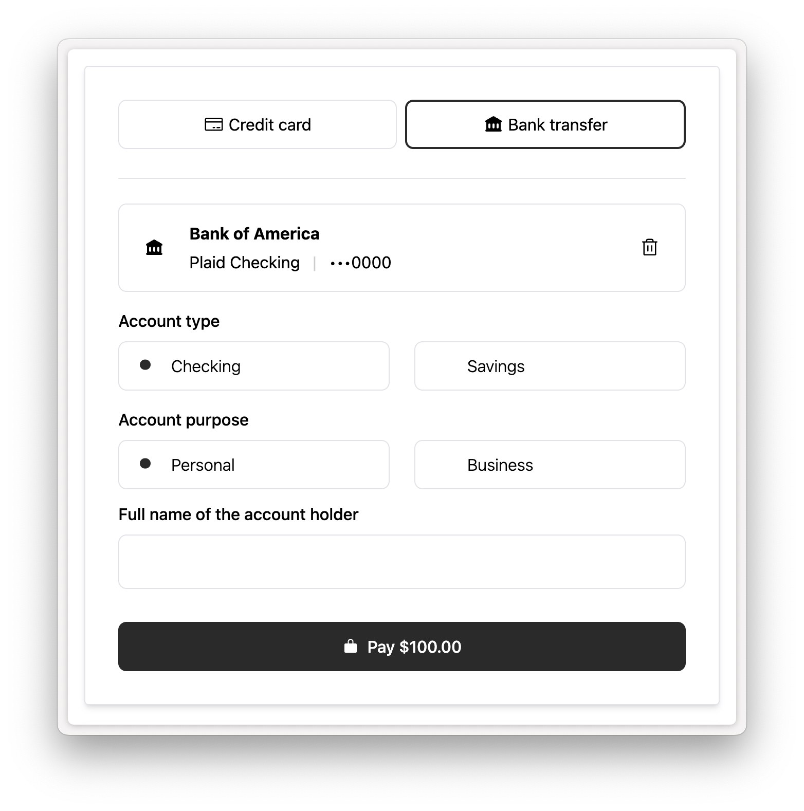 Rainforest Payment Component with a Validated ACH payment method connected to process the payin
