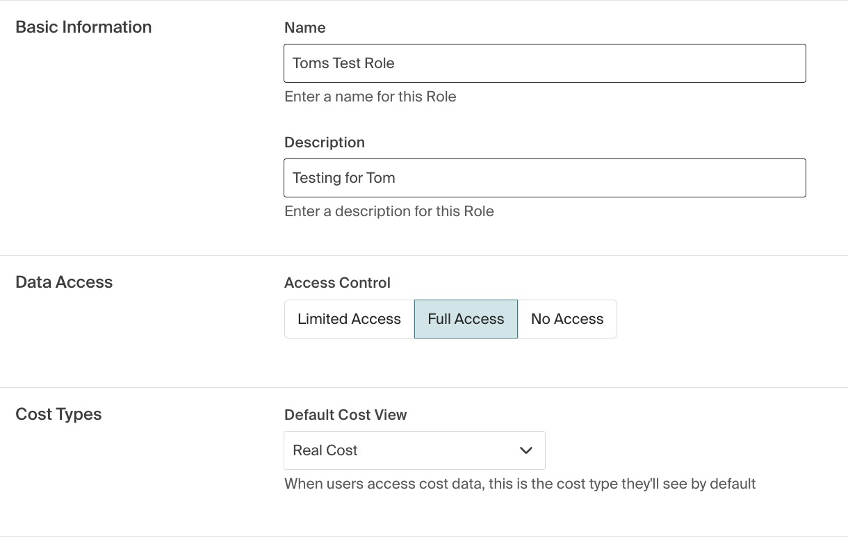 Full access role for Real Cost