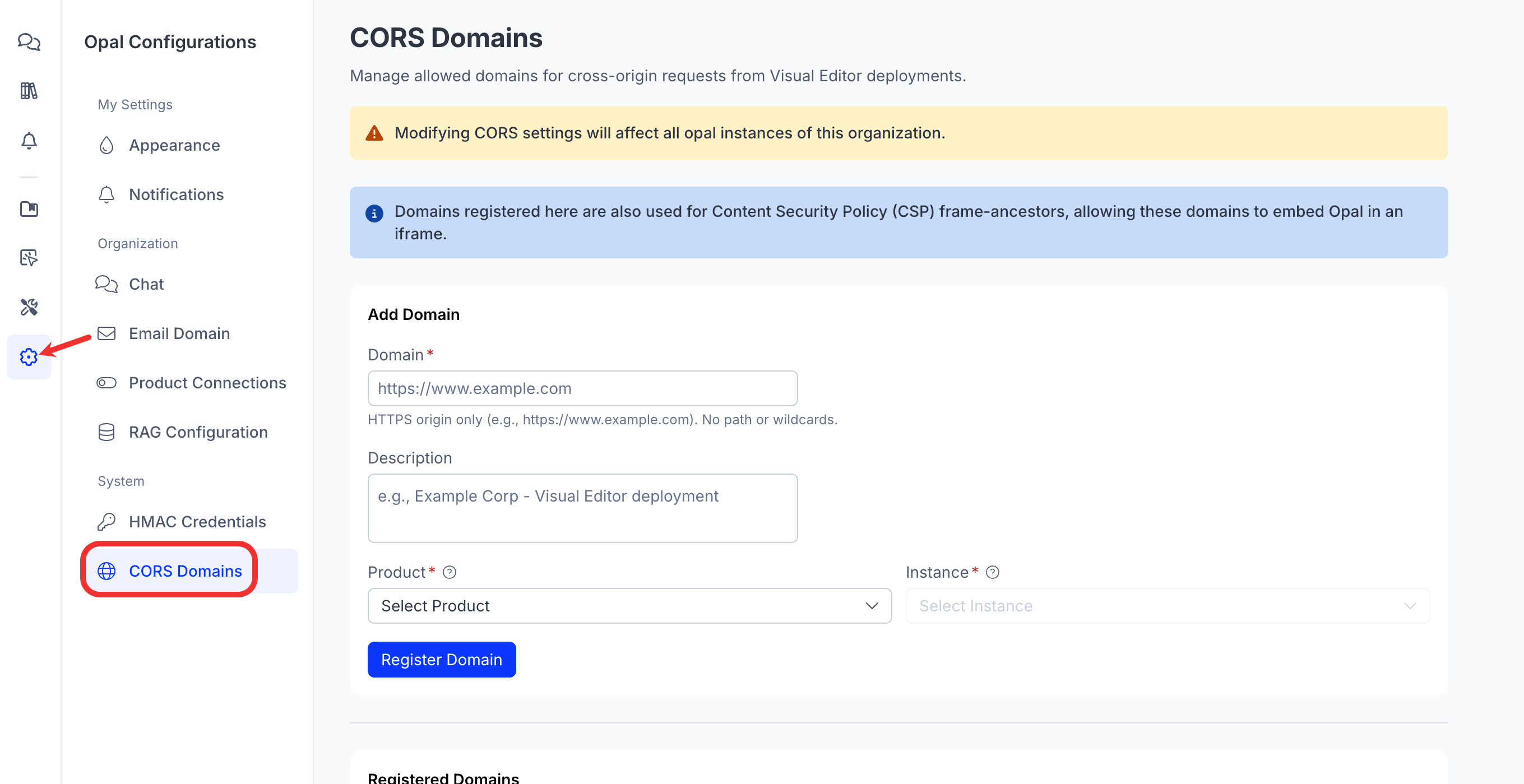 Screenshot of Optimizely Opal settings with CORS Domains highlighted.
