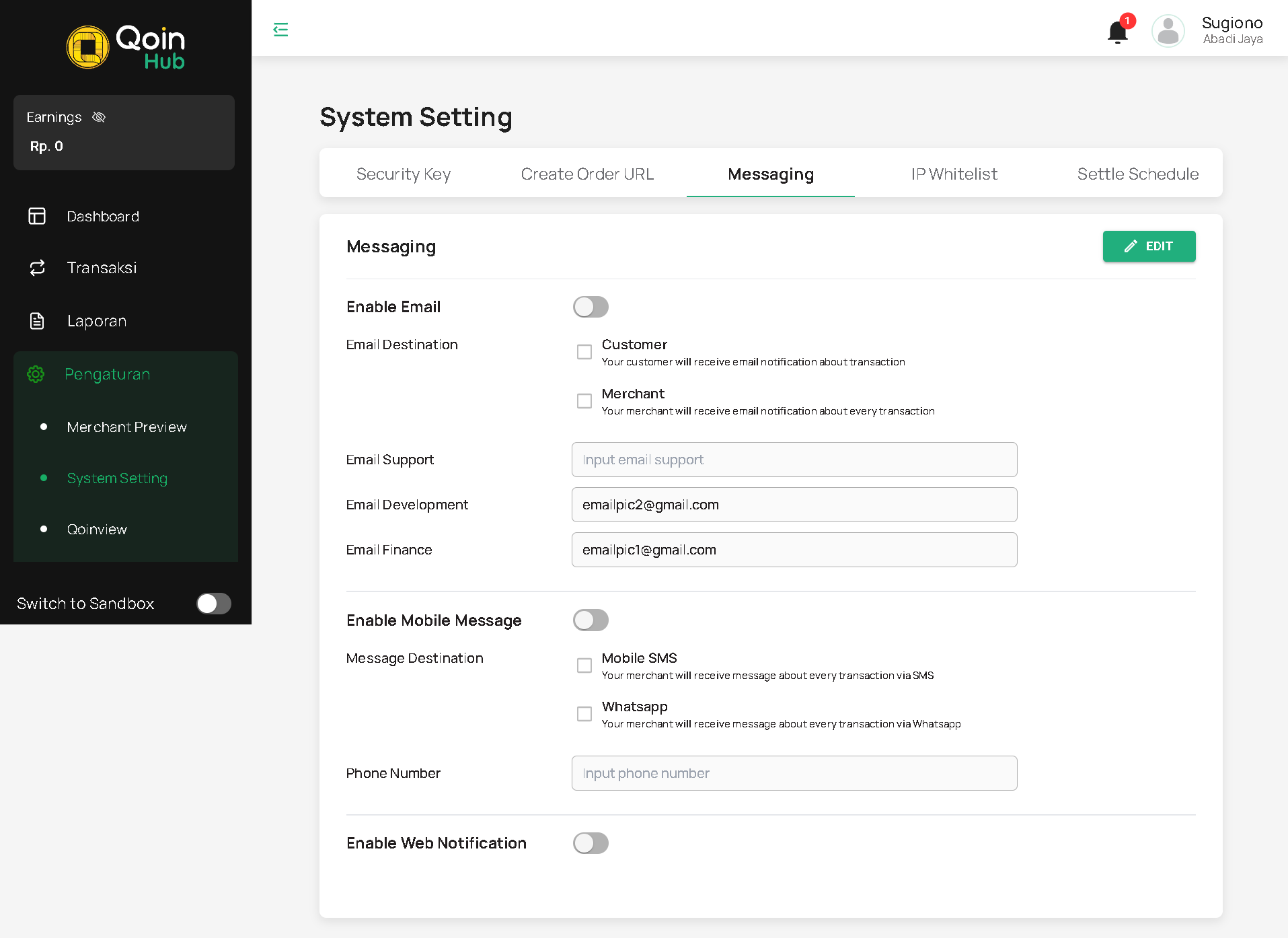 Halaman System Setting - Messaging