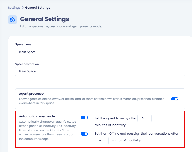 Screenshot of the Inbox Automatic away mode settings