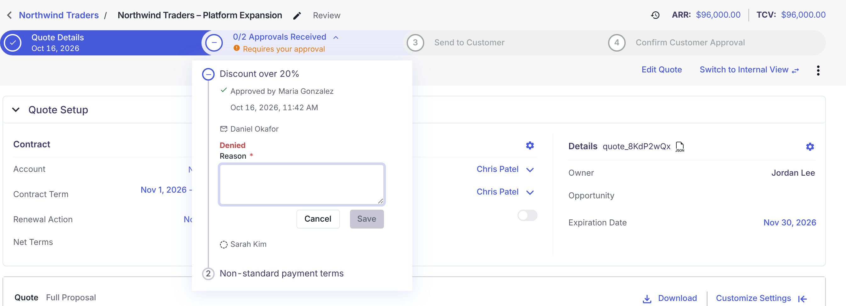 Denying requires a reason Inline deny form under Daniel Okafor's name, with the red label "Denied", a required Reason text box, and Cancel and Save buttons.