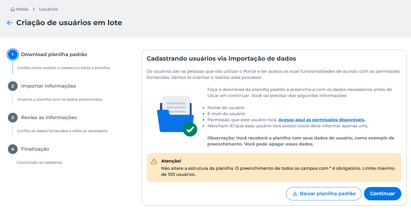 Tela inicial da criação de usuários em lote no portal e-commerce, com destaque para o botão de download da planilha modelo, utilizada para inserir dados dos usuários e suas permissões de acesso.