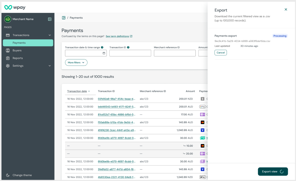 Export view - Processing status