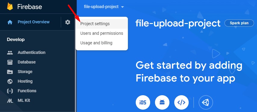 Firebase project settings