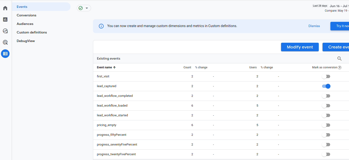 Screen capture of Google Analytics event configuration page