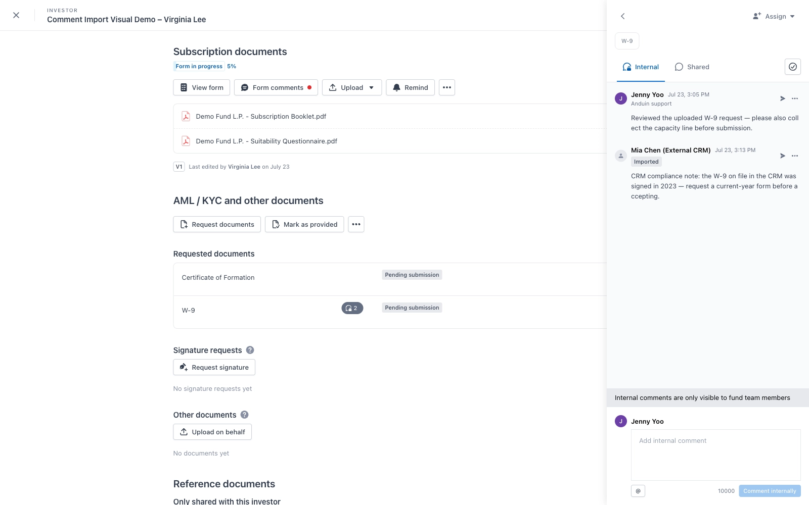Fund manager view with the comment drawer anchored on the W-9 document, Internal tab, showing an Anduin support comment and an imported CRM compliance note from Mia Chen (External CRM)