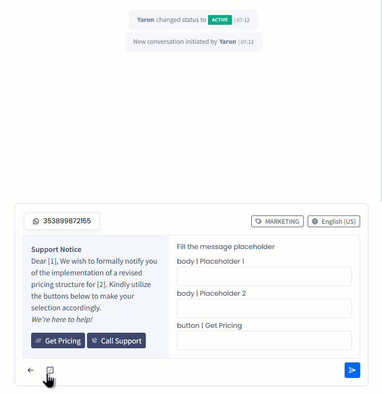 Screenshot of the message box with the Search field and a canned template selected