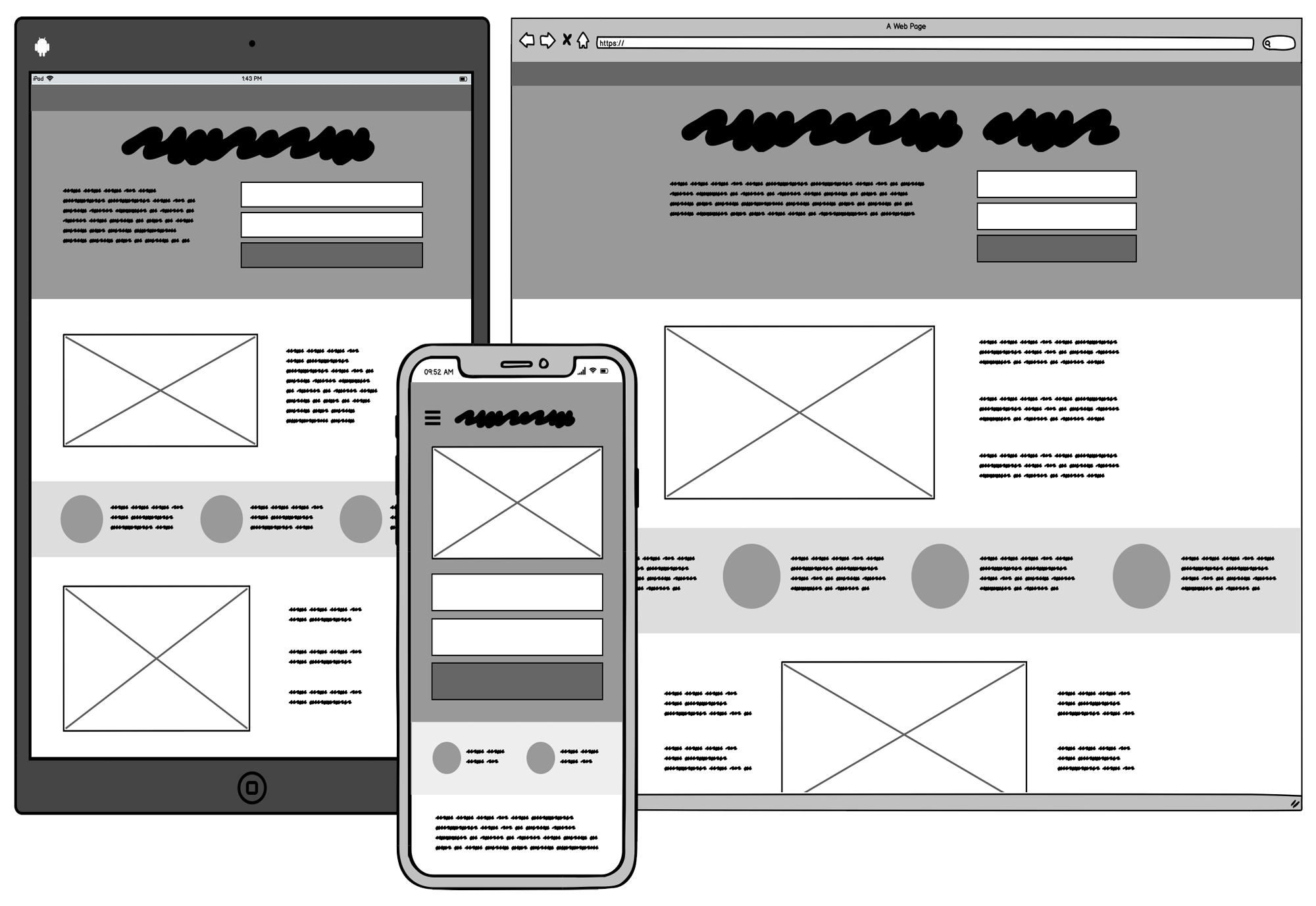 A wireframe, as illustrated by [Balsamiq in What are Wireframes?](https://balsamiq.com/learn/articles/what-are-wireframes/)