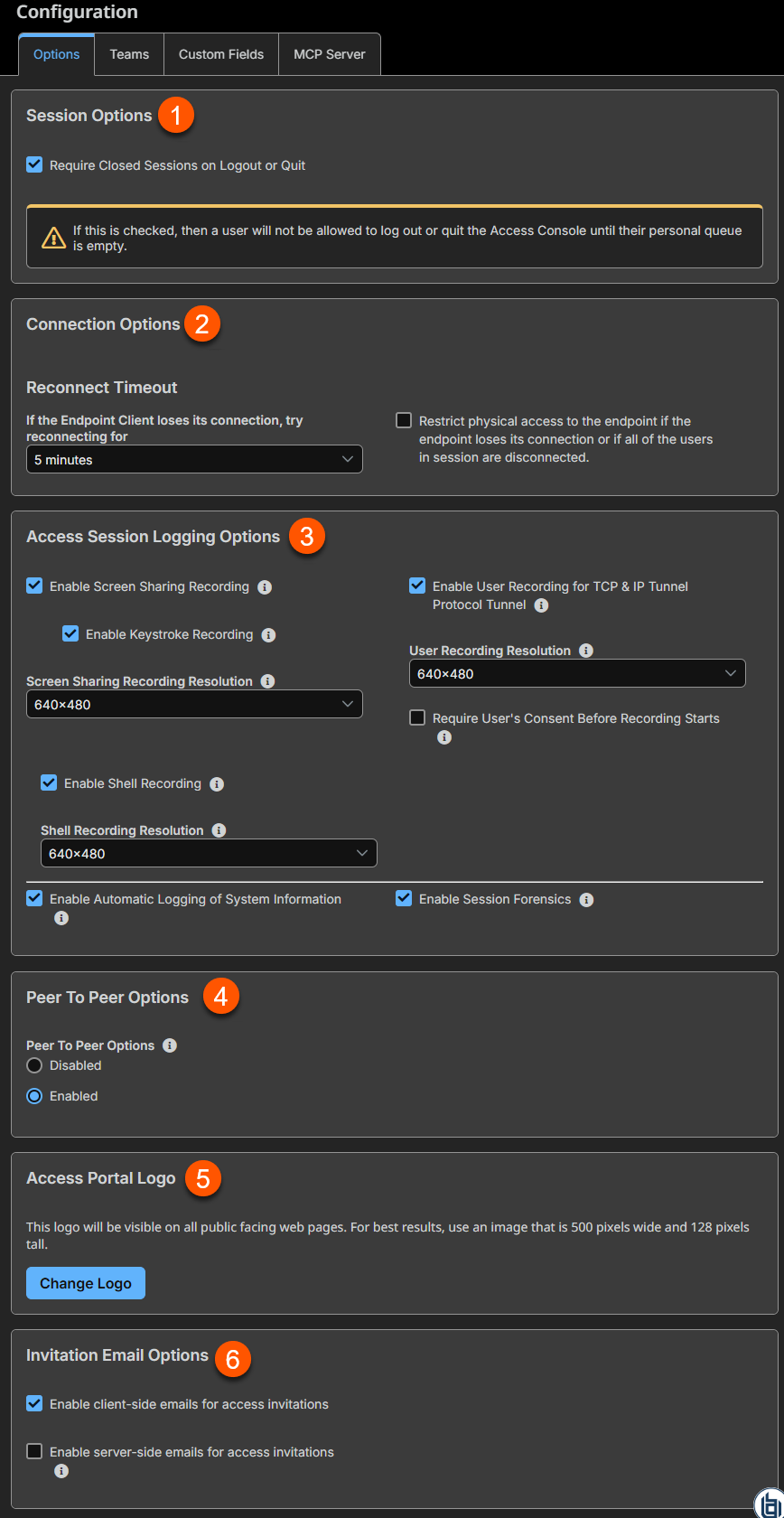 Main Configuration page for Remote Support.