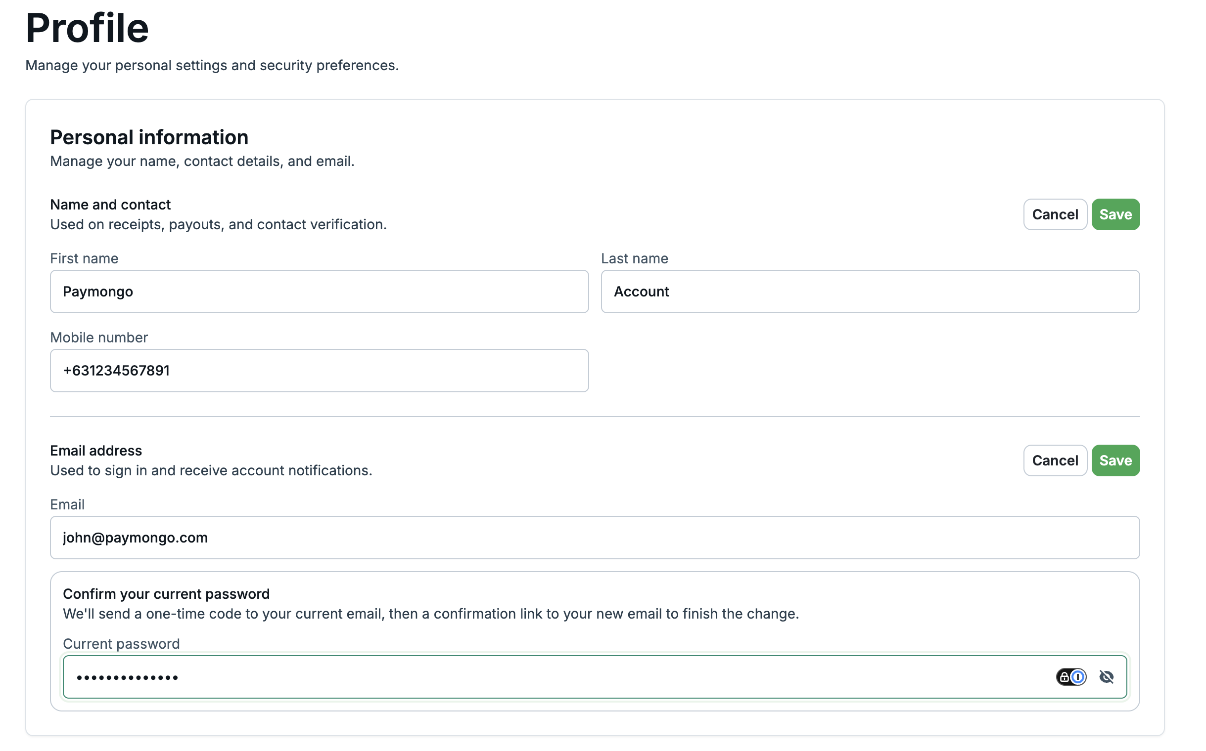 Edit personal information form