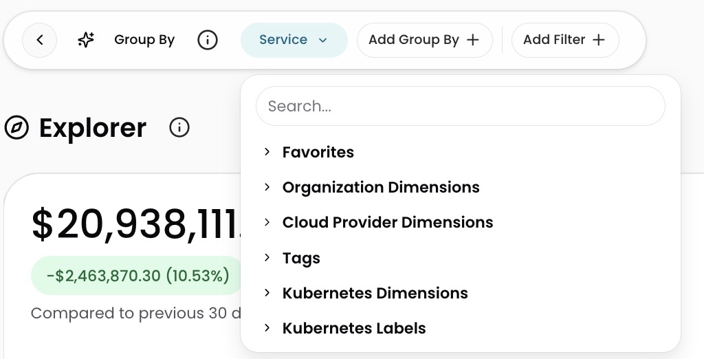 Group By dropdown showing Dimension categories