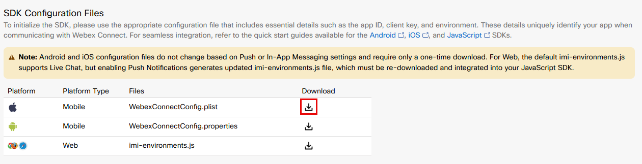 Screenshot to download the WebexConnectConfig.plist file