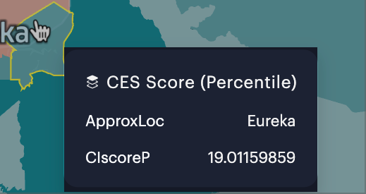 A basic tooltip showing a pollution percentile score for census-designated areas.