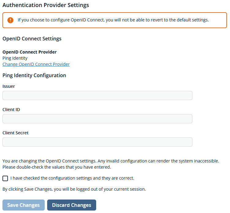 Authentication provider settings for Ping Identity