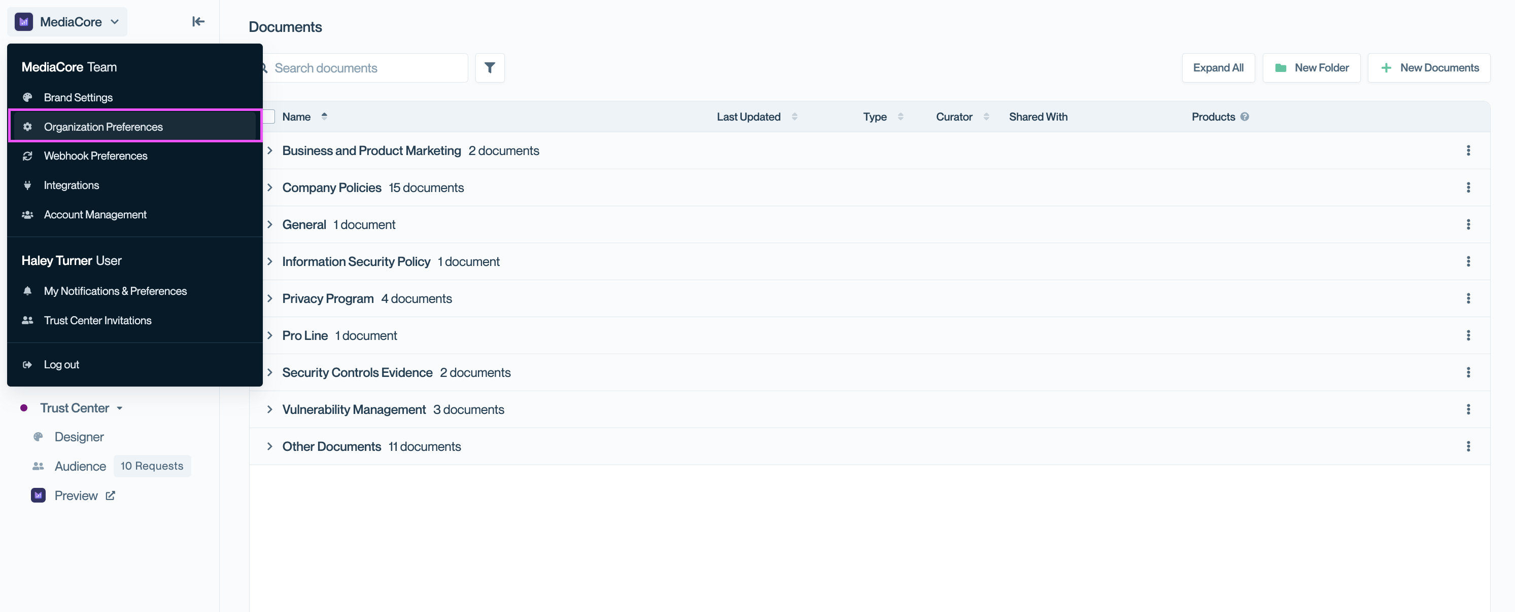 User menu expanded in Conveyor showing the Organization Preferences option highlighted. This is where you can manage settings like access groups for your Trust Center.