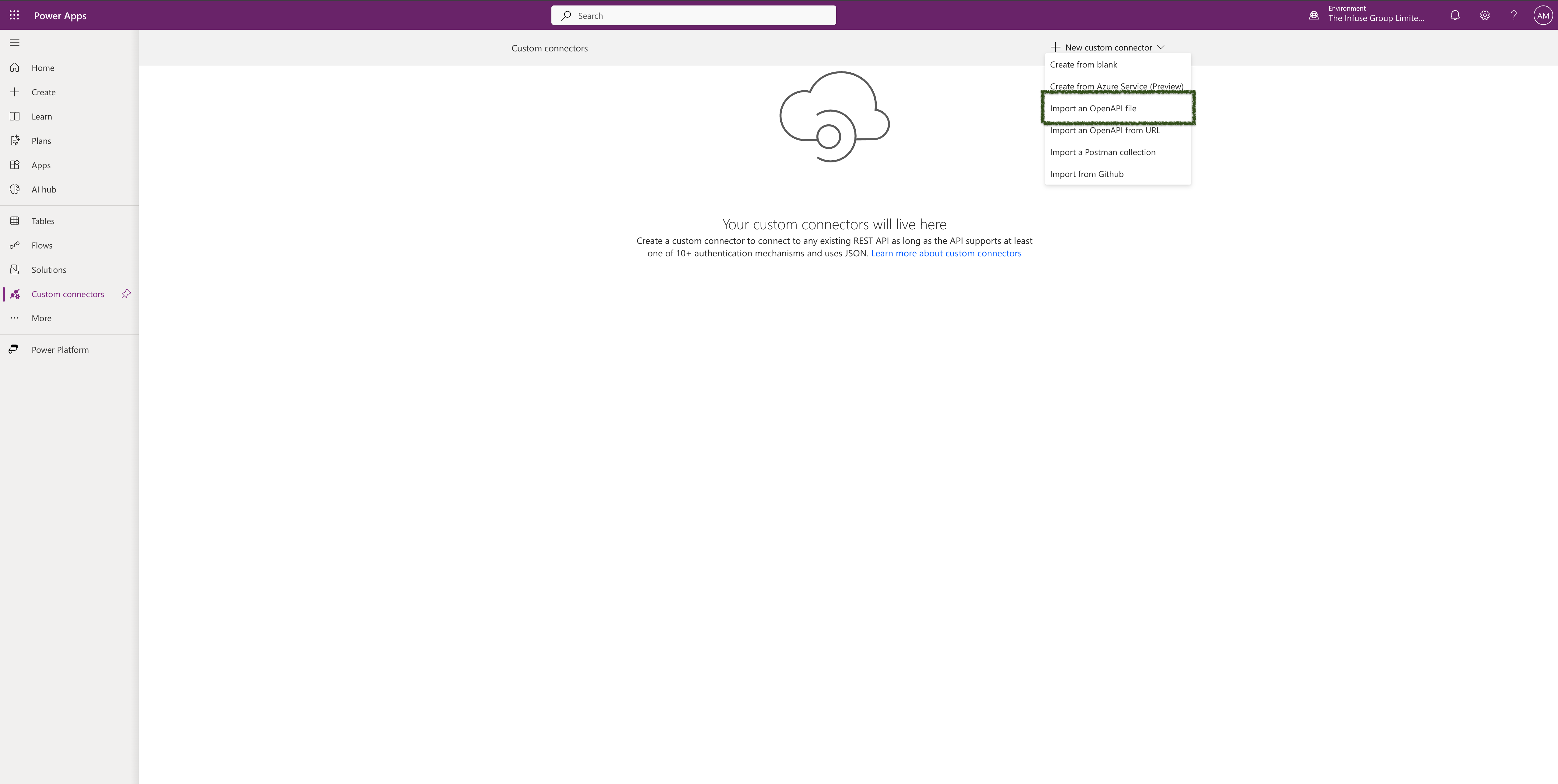 Step 3 – Power Apps Custom connectors with Import an OpenAPI file option