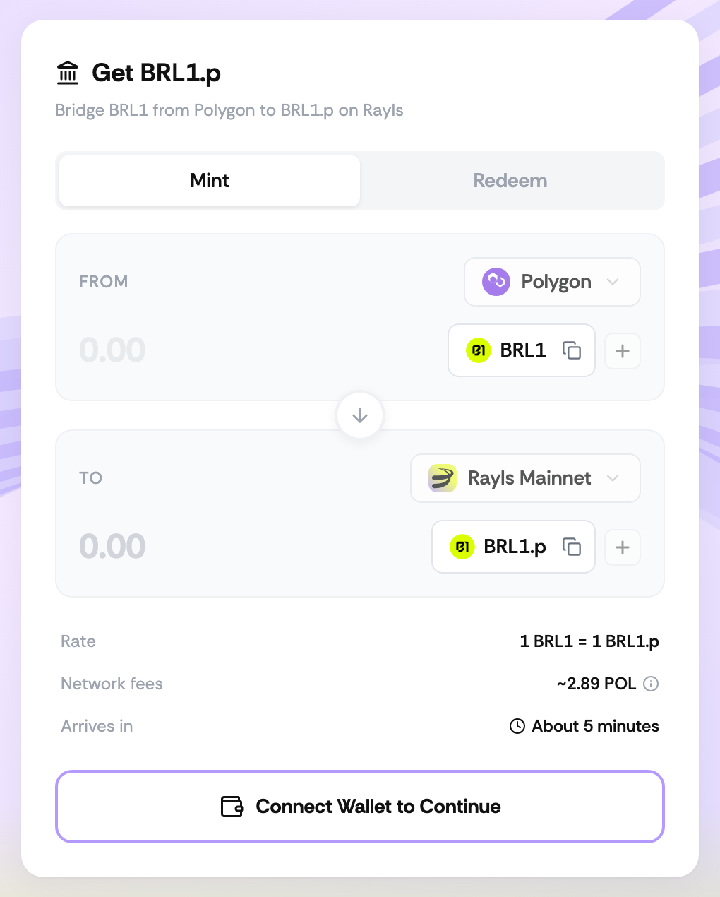 The Mint tab on dapp.rayls.com/brl1p, bridging BRL1 on Polygon to BRL1.p on Rayls Mainnet