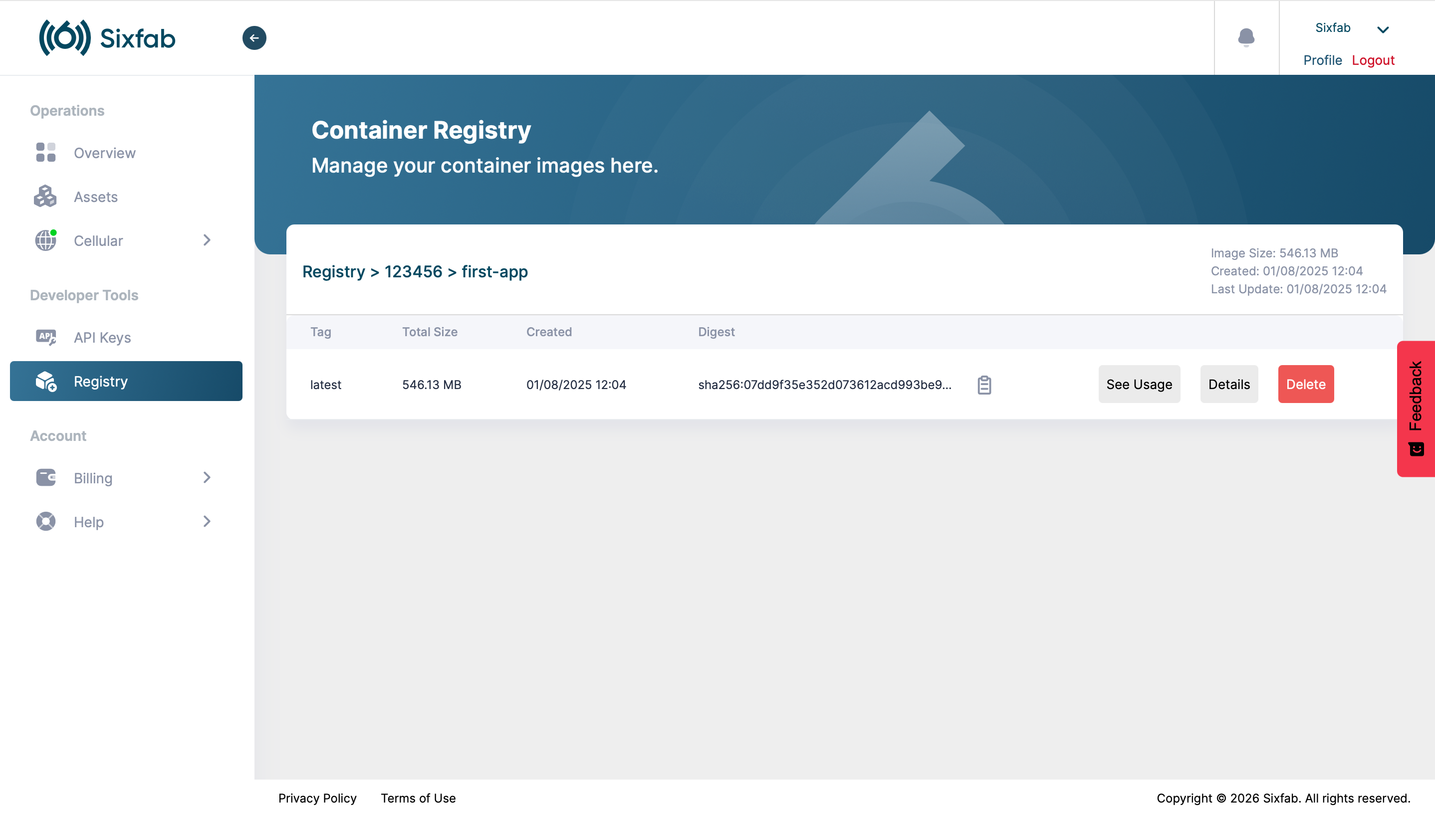 Tag details view showing image size, digest, and creation date