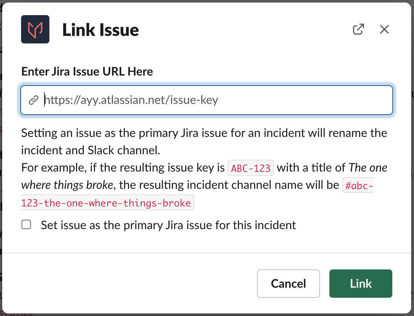 A screenshot of the Slack UI indicating how to link a Jira issue