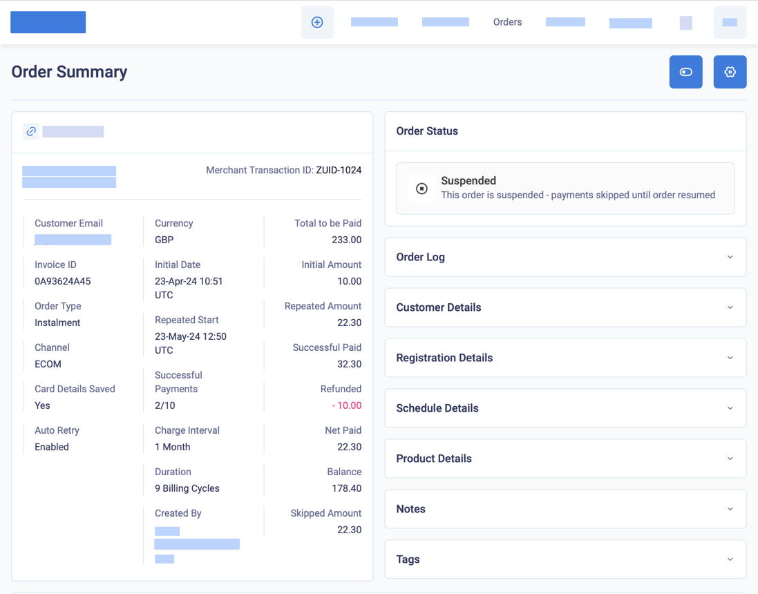 The Order details panel displays the payment information