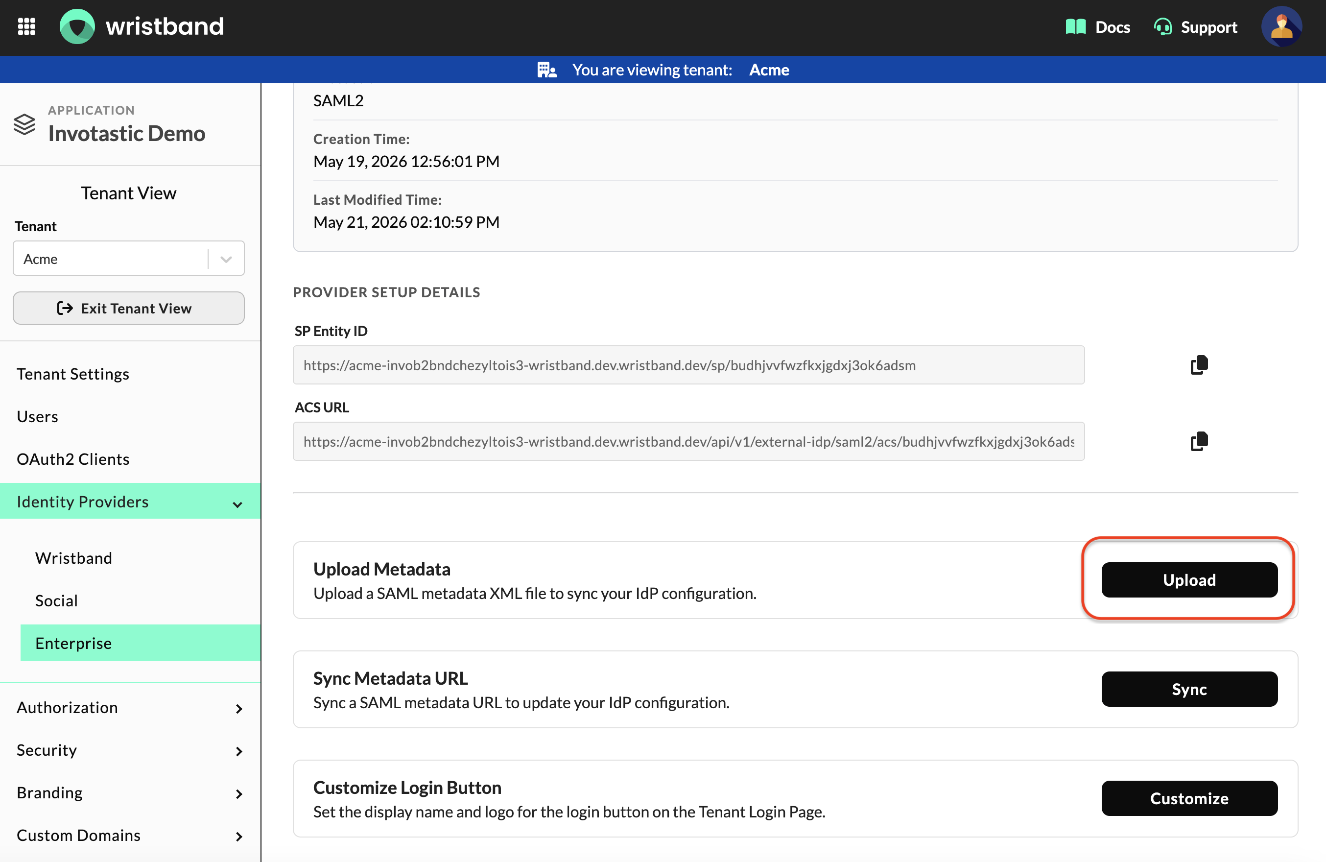 Wristband: Edit Custom IdP Page showing the Upload Metadata XML modal button