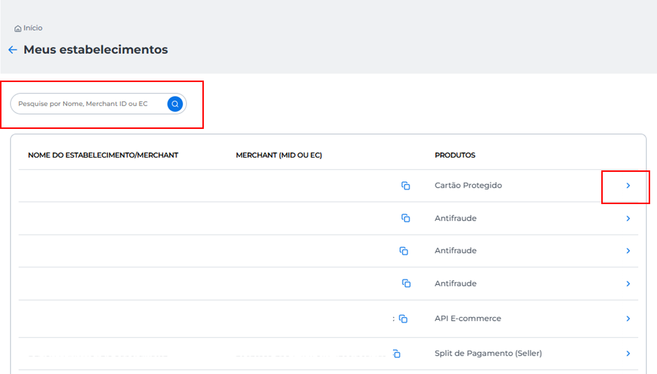 Página 'Meus estabelecimentos' com barra de busca por Nome, Merchant ID ou EC e lista de estabelecimentos com colunas de Merchant e Produtos, cada linha com seta de acesso ao detalhamento