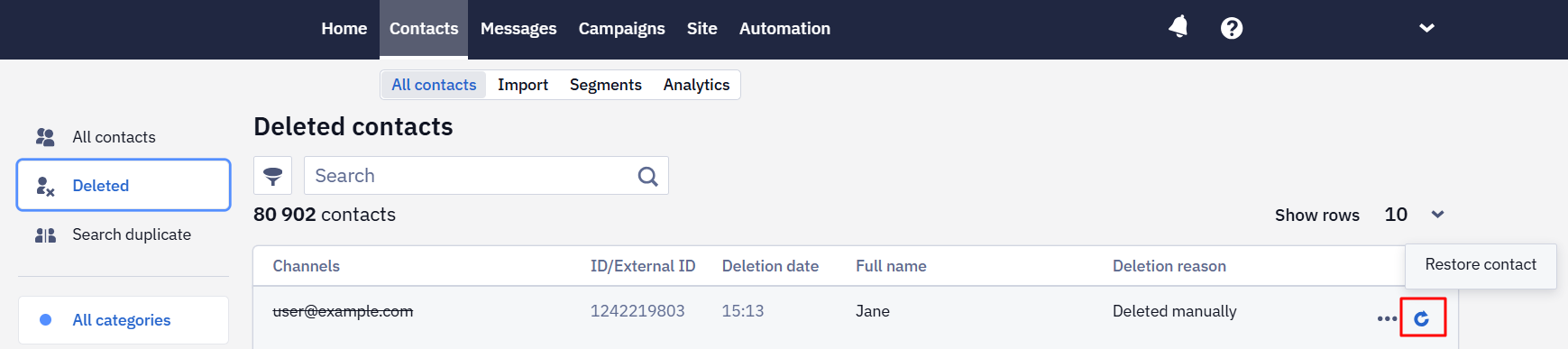 Restore contact icon in the deleted contacts list