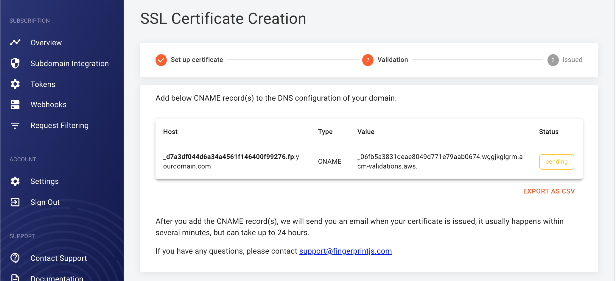 Screenshot of a CNAME record available in the FingerprintJS dashboard