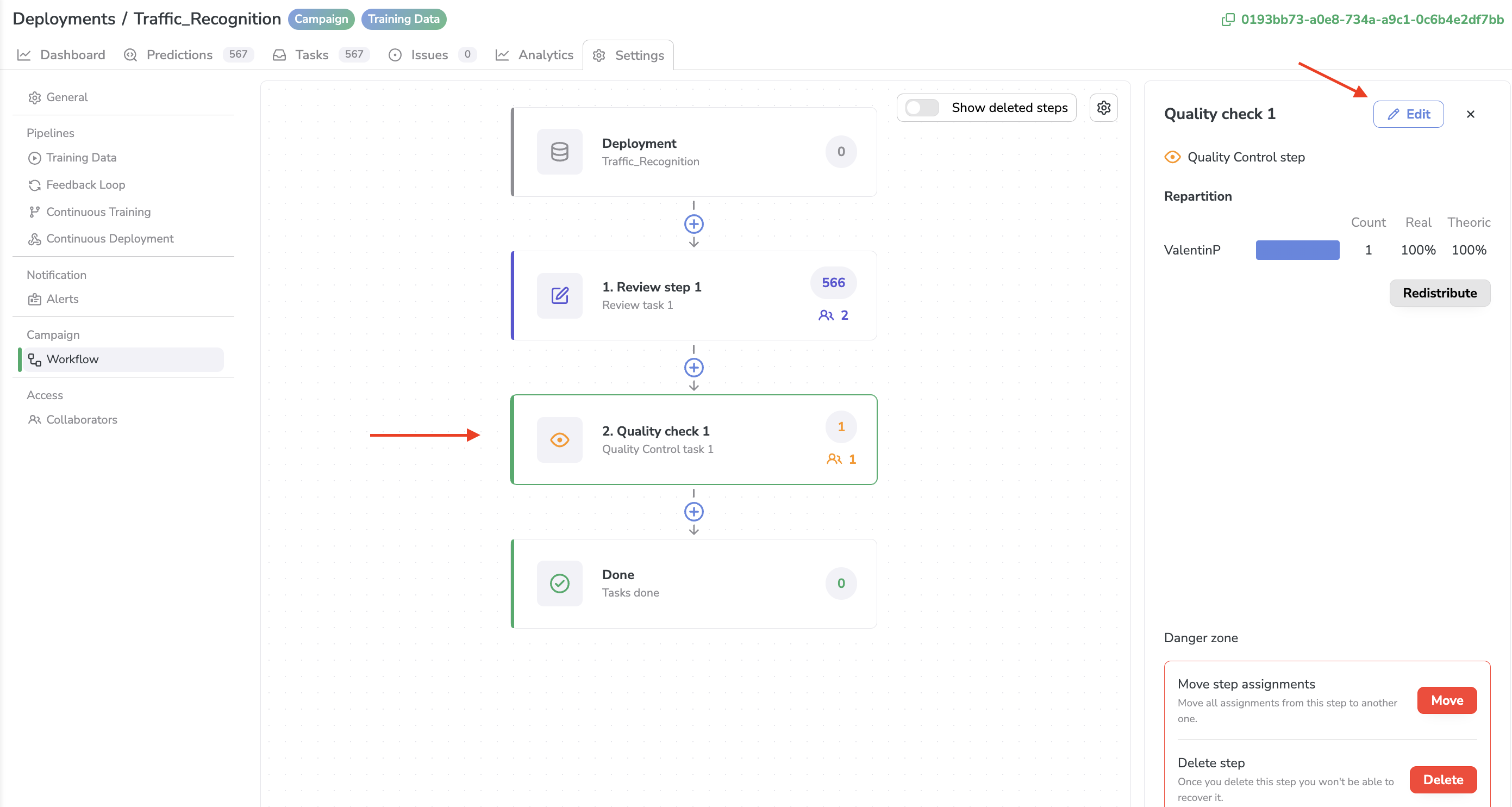 Access the Step editing panel