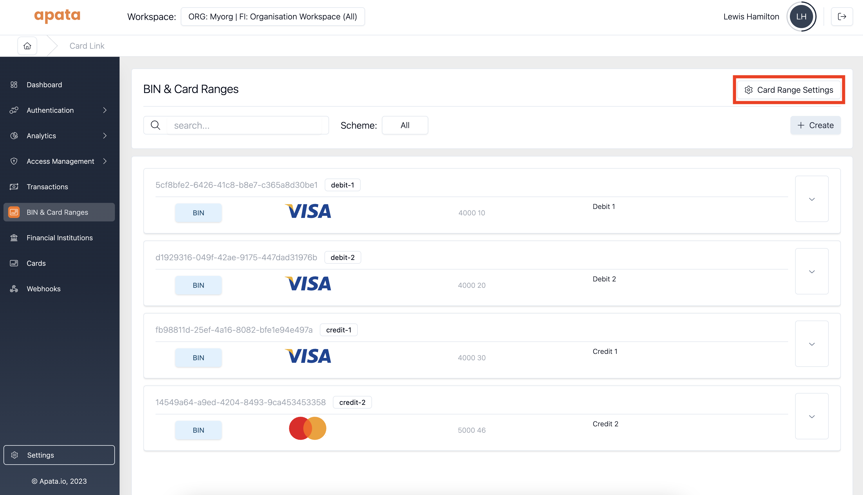 BINs and card ranges page with the card range settings button highlighted