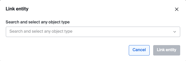 Link entity modal, mid-search, showing catalog search results to select from