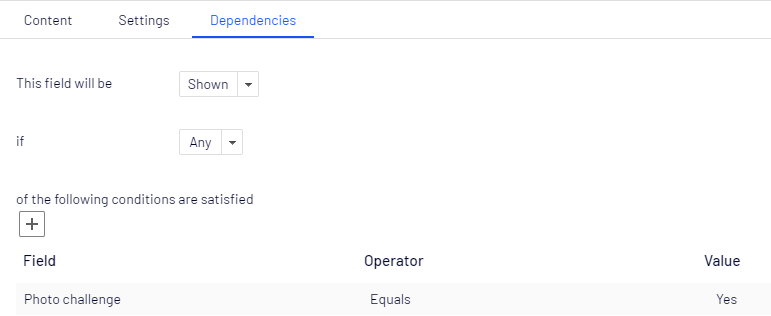 Screenshot of the Dependencies tab with conditions for showing or hiding a form element based on visitor interaction where editors define conditional display rules